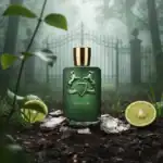 Haltane fragrance bottle with gold cap, set in a lush, misty garden scene.