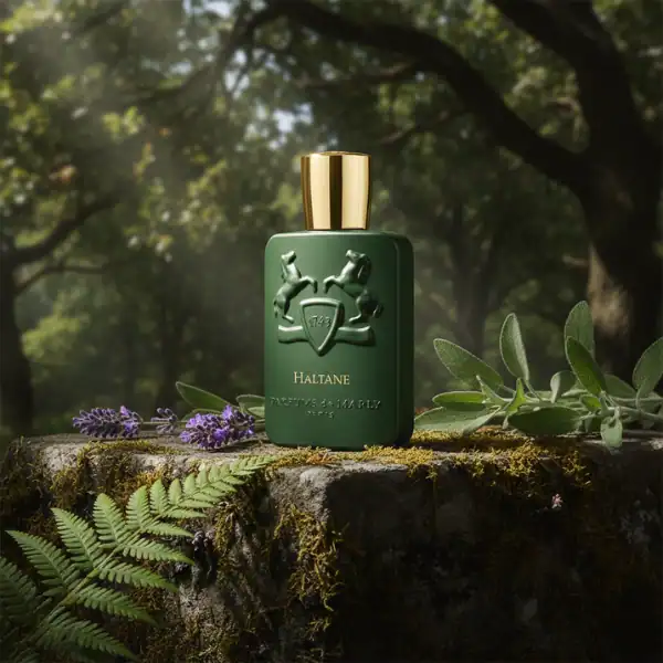 Haltane perfume bottle with embossed logo and gold cap, set outdoors among greenery.