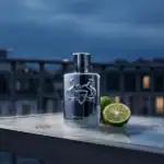 Azzaro Pour Homme fragrance bottle with a halved lime on a balcony at dusk.