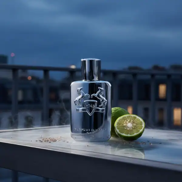 Azzaro Pour Homme fragrance bottle with a halved lime on a balcony at dusk.