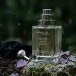 Sublime Baltuss fragrance bottle with silver cap, set outdoors on mossy rock.