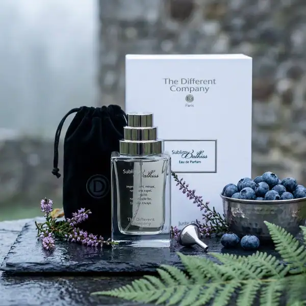 The Different Company Sublim 2 Balances fragrance bottle with packaging and blueberries.