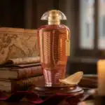 The Merchant of Venice fragrance bottle - An elegant high-end perfume displayed with vintage books a.