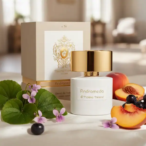 Andromeda Tiziana Terenzi fragrance - A premium scent presented in an elegant white bottle with gold.