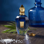 Xeròff fragrance bottle with gold cap and blue glass, luxury perfume display.