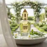 F.ROFFI Shoothing NIO - A luxurious fragrance bottle displayed on a decorative dish with flowers and.