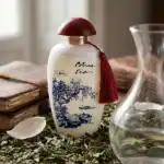 Blue Tea perfume bottle featuring a classic blue and white pattern with a red tassel, perfect for re.