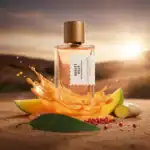 Sunset Scent perfume bottle with splash of fragrance, surrounded by mango and ginger slices.