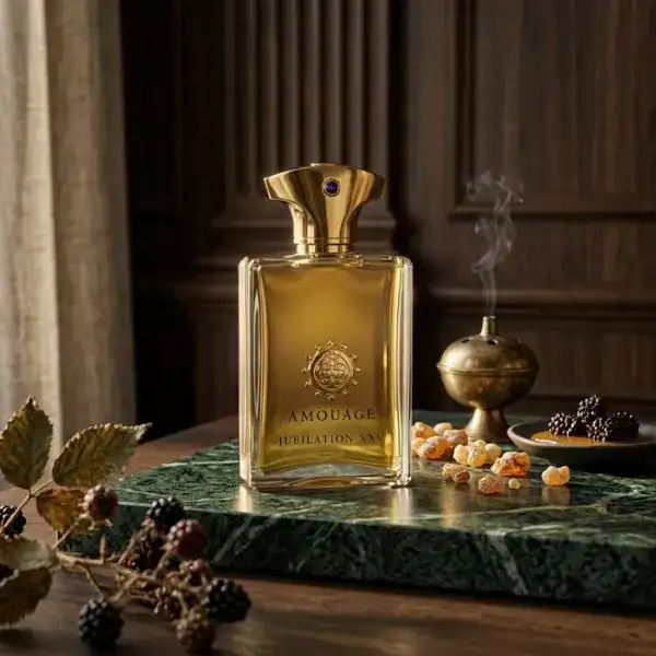 Amouage Jubilation XXV Man Eau de Parfum bottle with gold finish and purple accent.