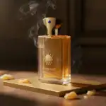 Amouage Jubilation XXV perfume bottle with golden cap and smoky aroma.