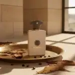 Amouage Opus XIV Royal Tobacco fragrance bottle with dried leaves and coffee beans.
