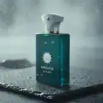 Amouage Enclave luxury fragrance bottle with a white cap, set against a snowy background.