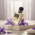 Amouage Orris Wakan perfume bottle with purple flower accents, showcasing elegance and sophisticatio.