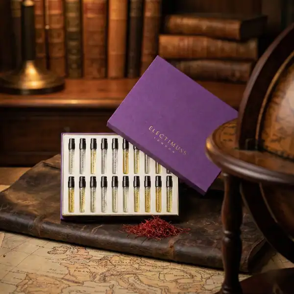 Electimuss luxury perfume sample collection in elegant vials.