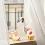 Luxury niche perfume bottle with peach slices and citrus peels, perfect for high-end skincare and fragrances.