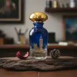WIDIAN London perfume bottle with a gold cap and blue glass, displayed on a rustic wooden surface.