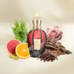 Golden Moka perfume bottle with citrus slices, rose, and coffee beans for a sophisticated scent.
