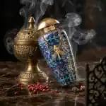 Alwa perfume bottle with intricate blue and gold design, luxury fragrance.