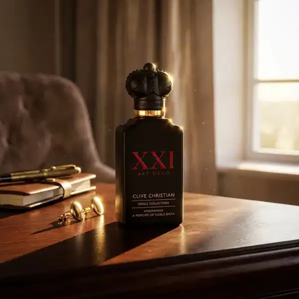 Clive Christian XXI Art Deco Amberwood Eau de Parfum bottle with black and gold design.