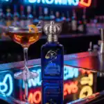 Clive Christian Addictive Arts perfume bottle with a crown-shaped cap on a bar counter.