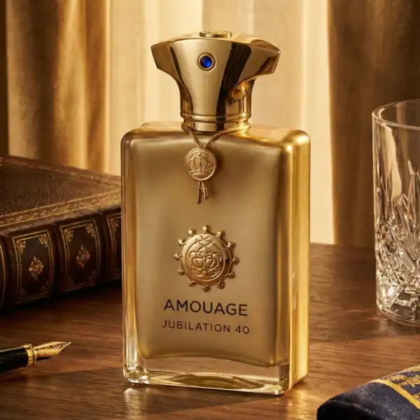 A high-end niche perfume in a sophisticated gold bottle with jewelry-inspired embellishments.