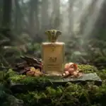 Luxurious Amouage Jubilation 40 fragrance in an ornate bottle, placed on moss with forest backdrop.