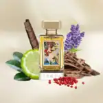 Argos Paul Gauguin perfume bottle with lime, lavender, and spices in the background.