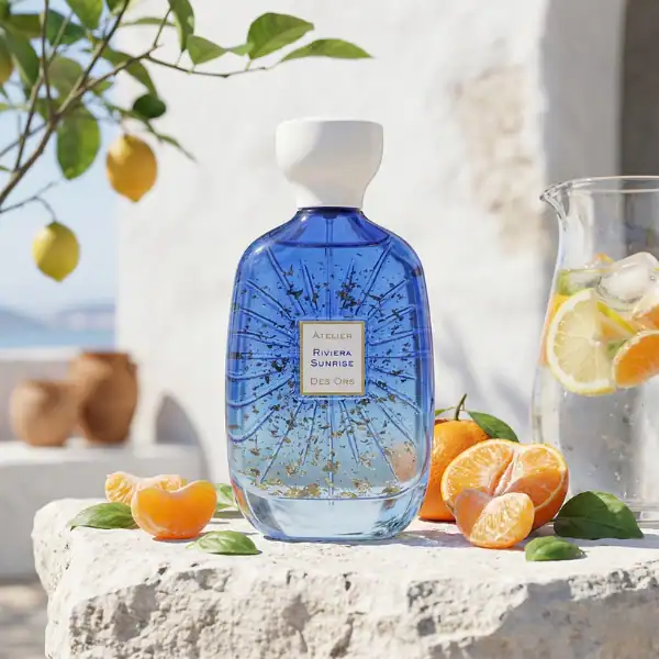 Atelier Riviera Sunrise fragrance by Des Ors, a luxurious perfume bottle.