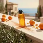 Hermès Eau De Mandarine Ambrée fragrance bottle with oranges and decorative elements outdoors.