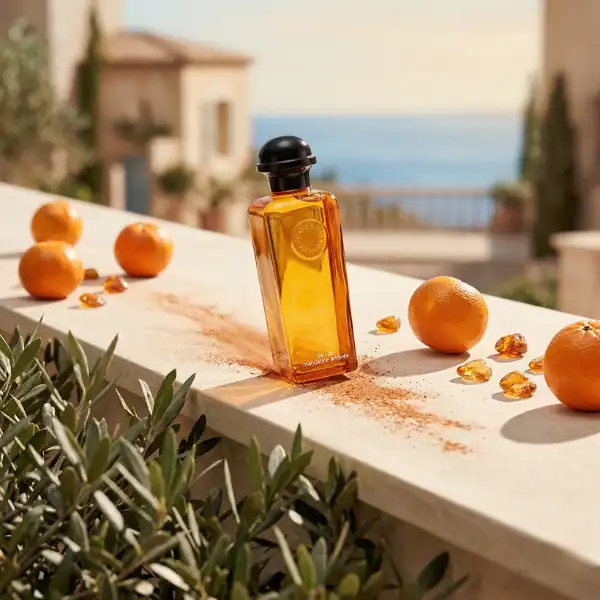 Hermès Eau De Mandarine Ambrée fragrance bottle with oranges and decorative elements outdoors.