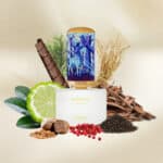 Floraiku Golden Eyes fragrance bottle with natural ingredients and decorative elements.