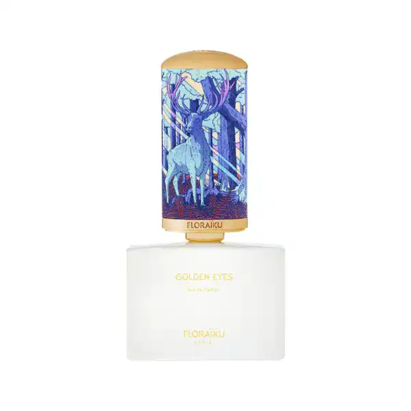 Floraiku Golden Eyes fragrance bottle with artistic forest design, 50ml, no cap, luxury niche perfum.