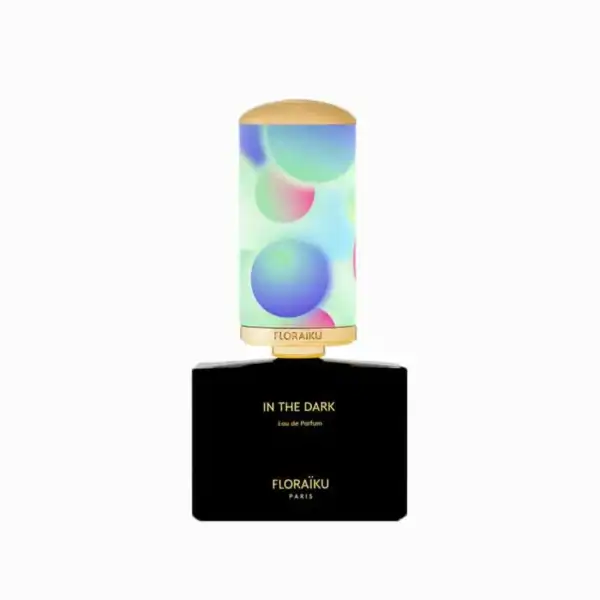 Floraiku In The Dark fragrance bottle with colorful abstract design, 50ml size, no cap.