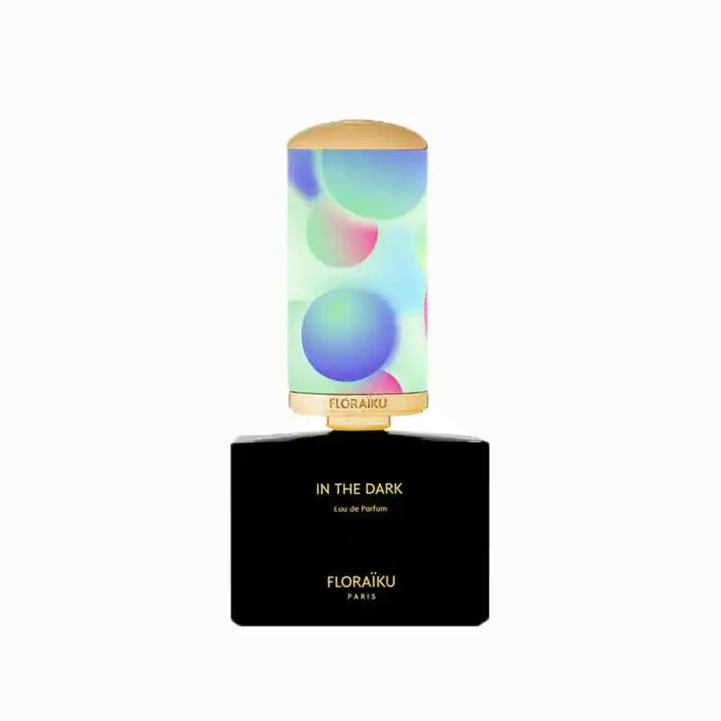 Floraiku In The Dark fragrance bottle with colorful abstract design, 50ml size, no cap.