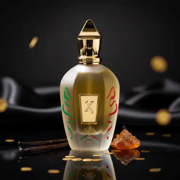 Decas perfume bottle with elegant gold cap and decorative design, perfect for high-end perfume colle.