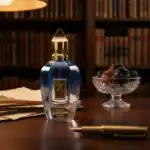 Elegant blue perfume bottle with gold accents, perfect for niche perfume enthusiasts.