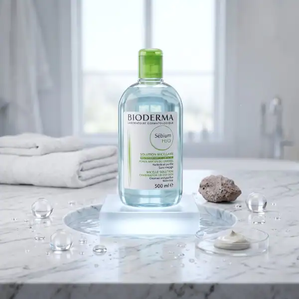Bioderma Sébium H2O micellar water for deep cleansing and removing makeup, ideal for oily skin.