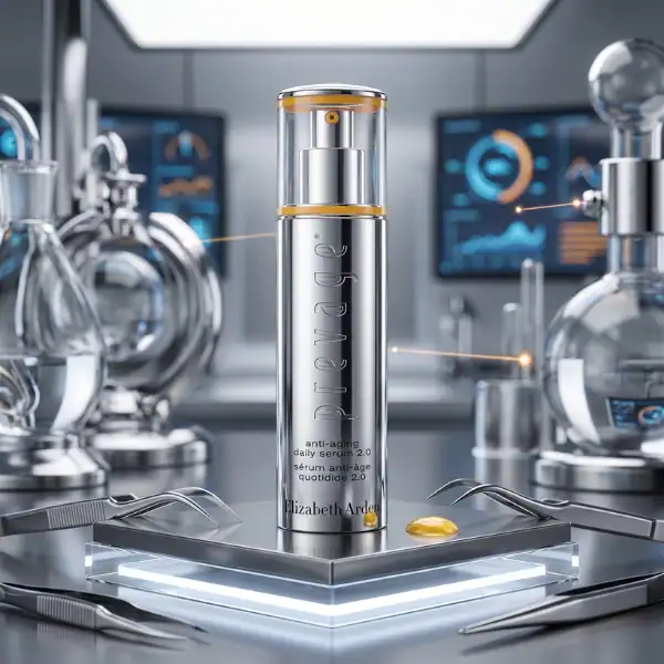 Anti-aging serum bottle with a gold cap, surrounded by laboratory glassware and scientific instrumen.