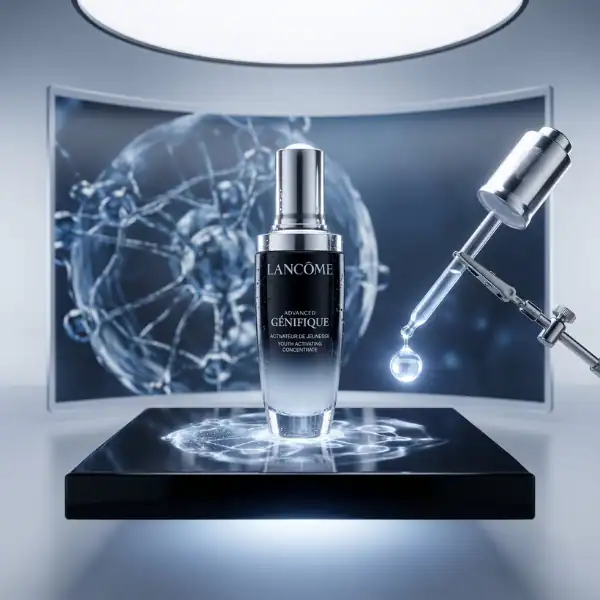 Lancôme Advanced Genifique serum bottle with scientific laboratory background.