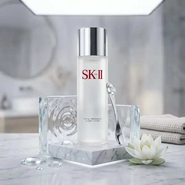 SK-II Facial Treatment Clear Lotion bottle with silver cap on marble tray in bathroom setting.