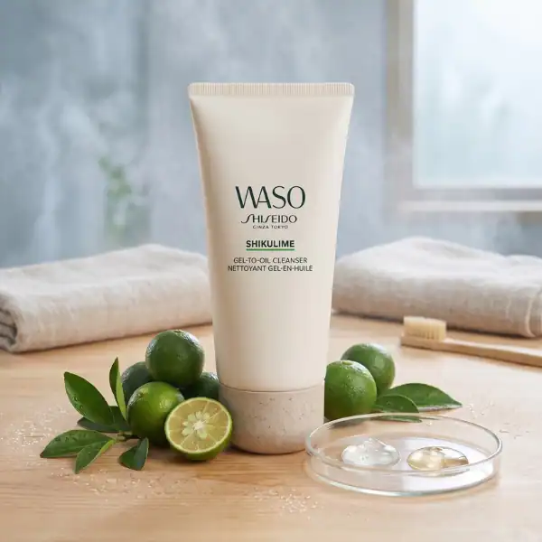 WASO Shiseido Shikilume Gel-To-Oil Cleanser surrounded by fresh limes and leaves.