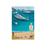 Unique e Luxury perfume bottle on a beach with yachts and sea in the background.