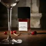 BohoBoco Red Wine Brown Sugar perfume bottle with scattered red berries and a wine glass in the back.