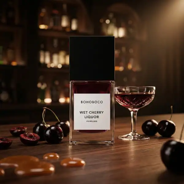 Bohoboco Wet Cherry Liquor fragrance in a sleek bottle with cherries and caramel accents.