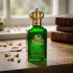 Clive Christian 1872 Green fragrance bottle with a gold crown cap, luxurious and elegant design.