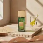 Gritti Mango Oud fragrance bottle with a glass of water and lemon slice.