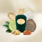 Elegant perfume bottle with gold accents, surrounded by lime, ginger, and natural textures.