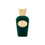 Elegant Vibrato perfume bottle featuring gold detailing and a plush green velvet exterior.