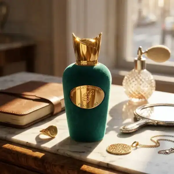 Sospiro Pasticcio Eau de Parfum bottle with gold cap and green velvet finish.