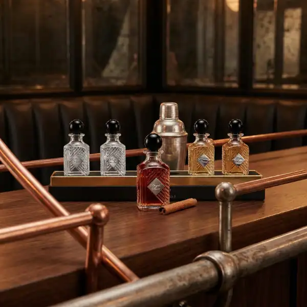 Fuin luxury perfume bottles and accessories on a wooden table.